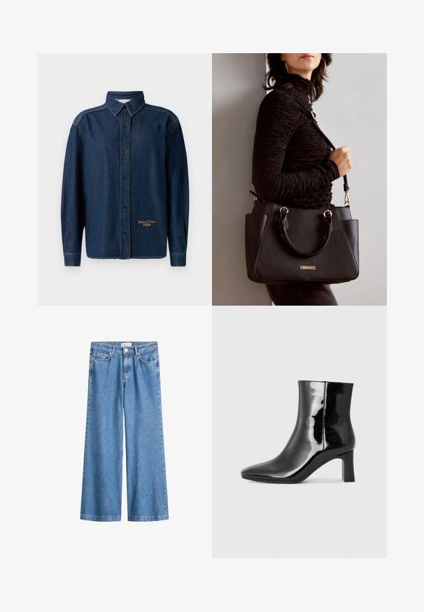 Dark blue denim long-sleeve button-up shirt with collar, visible stitching, and small "Marc O'Polo DENIM" logo embroidered near the hem.; Light blue wide-leg denim jeans with front button and zip closure, front and back pockets, and belt loops.; Black patent leather ankle boot with a pointed toe and a mid-height block heel. Smooth texture and minimalist design.; Black handbag with textured surface, dual top handles, and adjustable shoulder strap. Features gold-tone hardware and side pockets.