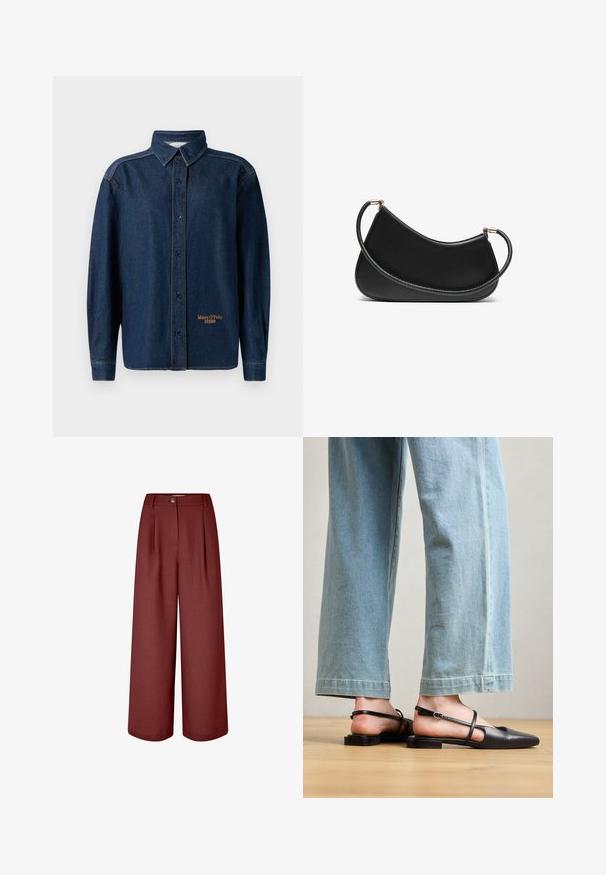 Mørkeblå denim skjorte med lange ærmer og knaplukning, krave, synlige søm og lille "Marc O'Polo DENIM" logo broderet nær kanten.; Videbenede bukser i en rig bordeauxfarve, lavet af glat stof. Har en talje, forreste folder og en enkelt knaplukning.; Sorte læder slingback-sko med spidse tæer, flad hæl og ankelrem; båret med lyseblå viddebenede jeans.; Sort læder skuldertaske med en buet design, der har en tekstureret rem og hardware i guldtonet ved lukningen for oven. Glat finish.; Sæt af guldfarvede øreringe med forskellige designs, herunder studs, hoops og hængende modeller med perler og rhinsten.