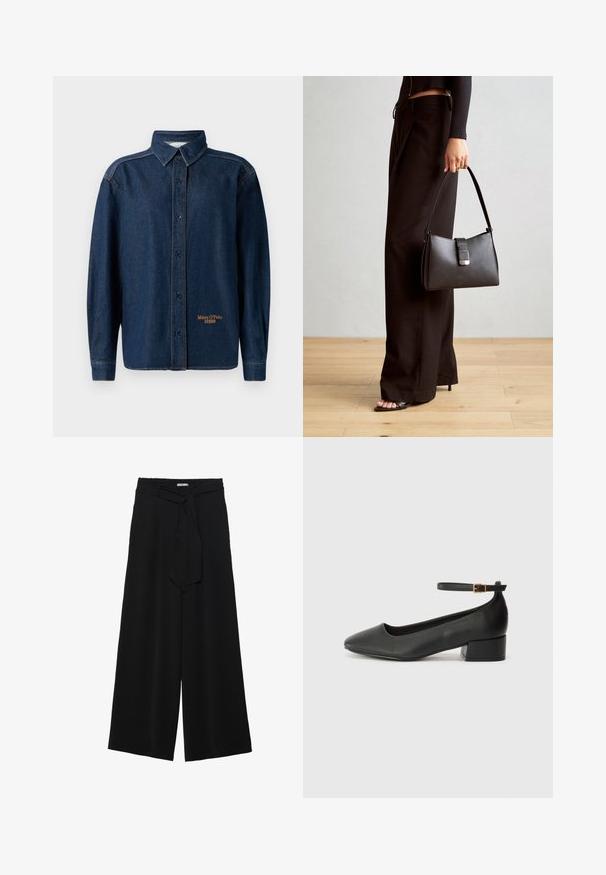Tumed sinine denimist pikad varrukad nööpidega särk kraega, nähtava õmblusega ja väike "Marc O'Polo DENIM" logo tikitud sääre lähedale.; Mustad laiad püksid, millel on tekstureeritud kangas, elastne vöökoht ja eemaldatav pael vööst, et reguleerida sobivust.; Must mustaapp, millel on terav nina ja madal blokk-kand. Omab pahkluu rihma koos kuldse tooni pandlaga. Sile tekstuur.; Must musta kott, millel on struktureeritud kuju, sile tekstuur ja metallist klamber. Kombineeritud laiate mustade pükstega ja avatud varvaste sandaalidega puidust põrandal.