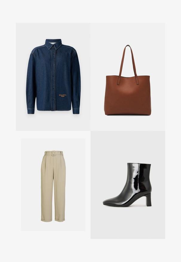 Tumed sinine denimist pikad varrukad nööpidega särk kraega, nähtava õmblusega ja väike "Marc O'Polo DENIM" logo tikitud sääre lähedale.; Beežid, kõrge vöökohaga püksid laia jala disainiga, millel on voldid, sobiv vöö ristkülikukujulise pandlaga ja mansetid allääres.; Must-sinine nahkjalats musta läikiva viimistlusega, millel on terav nina ja keskmise kõrgusega plokk konts. Sile tekstuur ja minimalistik disain.; Pruun nahast tote-kott, millel on sile tekstuur, avatud ülaosa disain ja kaks õlarihma. Omab minimaalset õmblust ja nähtavat riistvara ei ole.