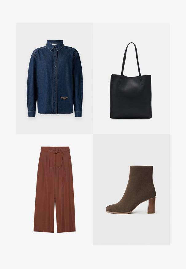 Cămașă din denim albastru închis, cu mâneci lungi și nasturi, cu guler, cusături vizibile și un mic logo brodat "Marc O'Polo DENIM" aproape de tiv.; Pantaloni evazați din țesătură maro, prevăzuți cu un curea cu cataramă pătrată, design pliat și textură netedă.; Botine din suede maro, cu vârf rotunjit și toc texturat, stratificat. Exterior neted, fără închideri sau decorațiuni vizibile.; Geantă tote neagră din piele, cu textură netedă, formă rectangulară și două mânere lungi. Fără hardware vizibil sau ornamente.