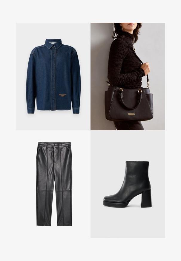 Mørkeblå denim skjorte med lange ærmer og knaplukning, krave, synlige søm og lille "Marc O'Polo DENIM" logo broderet nær kanten.; Sorte læderbukser med en glat overflade, der har lige pasform, to forlommer og synlige sømdetaljer.; Sort læder ankelstøvle med blokhæl og platformssål, set fra siden på en ensfarvet hvid baggrund.; Sort håndtaske med struktureret overflade, dobbelt topbærere og justerbar skulderrem. Udstyret med guldfarvet metalhardware og sidelommer.