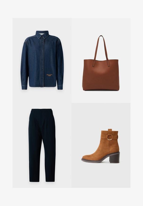 Tamno plavi traper dugouhičasti košulja s dugim rukavima i kragnom, vidljivim šavovima i malim izvezenim logotipom "Marc O'Polo DENIM" blizu rubova.; Mornarske hlače krojene s ravnim prednjim dijelom, dvije nabore, standardnim pojasom i suženim nogavicama. Izrađene od glatkog materijala s blagim sjajem.; Smeđa antilop čizma do gležnjeva s okruglim vrhom, blok potpeticom i dekorativnom trakom s detaljem kružne kopče.; Smeđa kožna torba preko ramena s glatkom teksturom, otvorenim vrhom i dvjema naramenicama. Ima minimalne šavove i nema vidljivog hardvera.