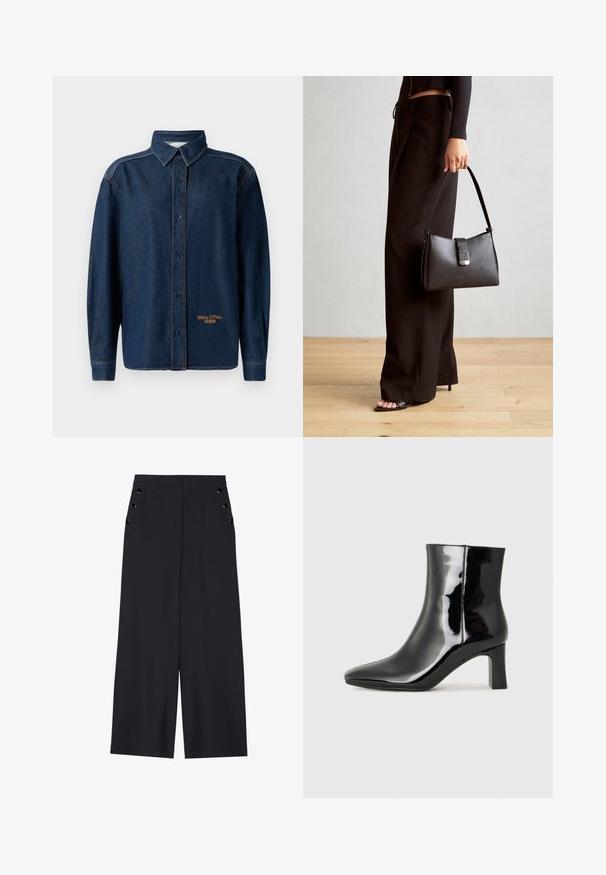 Tumši zila džinsu auduma krekls ar garām piedurknēm, pogām, apkakli, redzamām šuvēm un mazu "Marc O'Polo DENIM" logo izšuvumu pie apakšējā mala.; Platīsara bikses tumši zilā audumā, kurām ir gluda tekstūra, priekšējie kroki un dekoratīvi zeltaini acs pie sānu kabatām.; Melnas patentētas ādas potīšu zābaki ar norādītu pirkstu un vidēja augstuma kvadrātveida papēdi. Gluda tekstūra un minimālisma dizains.; Melnā somiņa ar strukturētu formu, gludu tekstūru un metālu sprādzi. Saskaņota ar platām melnām biksēm un sandālēm ar atvērtu purngalu uz koka grīdas.