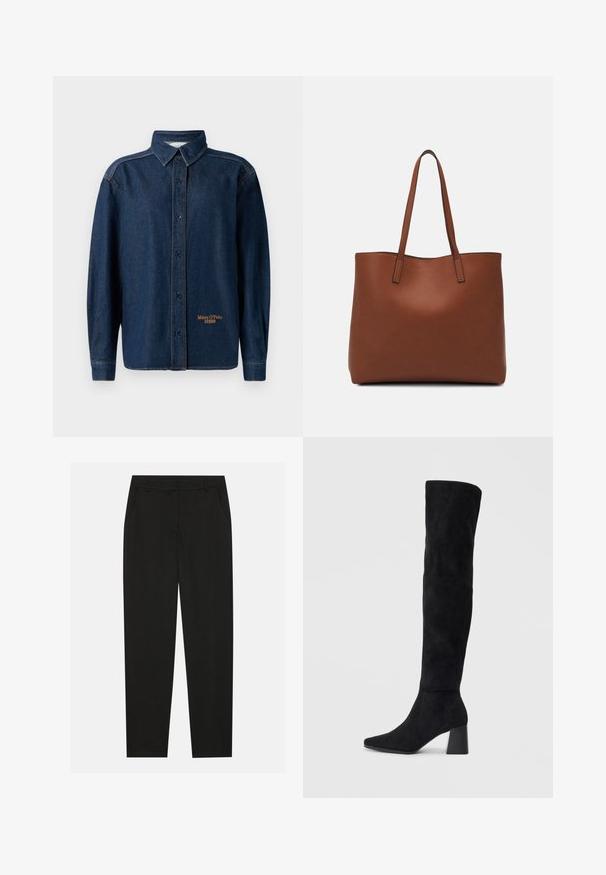 Tamno plavi traper dugouhičasti košulja s dugim rukavima i kragnom, vidljivim šavovima i malim izvezenim logotipom "Marc O'Polo DENIM" blizu rubova.; Crne hlače s krojem po mjeri, s bočnim džepovima i ravnim nogavicama. Izrađene od glatkog, laganog materijala s elegantnim završetkom.; Crne antilop čizme do koljena s blok potpeticom, šiljastim prstom i glatkim, bešavnim dizajnom na običnoj svijetloj pozadini.; Smeđa kožna torba preko ramena s glatkom teksturom, otvorenim vrhom i dvjema naramenicama. Ima minimalne šavove i nema vidljivog hardvera.