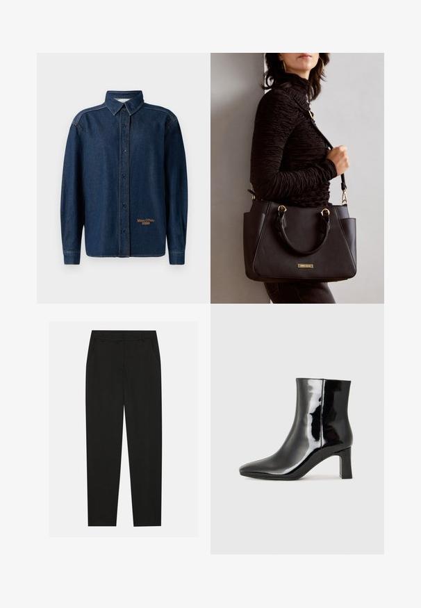 Tmavě modrá denimová košile s dlouhým rukávem, zapínáním na knoflíky a límcem, viditelným prošitím a malým vyšitým logem "Marc O'Polo DENIM" blízko lemu.; Černé kalhoty s vytvarovaným střihem, které mají boční kapsy a rovné nohavice. Vyrobené z hladkého, lehkého materiálu s elegantním povrchem.; Černé lakované kotníkové boty s špičatou špičkou a středně vysokým blokovým podpatkem. Hladká textura a minimalistický design.; Černá kabelka s texturovaným povrchem, dvojitými horními uchy a nastavitelným ramenním popruhem. Obsahuje zlaté kovové prvky a boční kapsy.