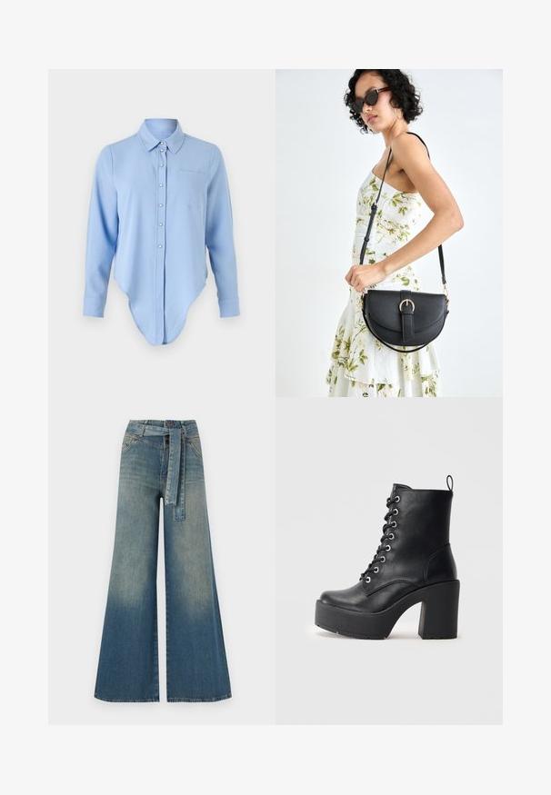 Vaaleansininen pitkähihaisessa paidassa on pyöristetty helma, nappilista, kauluksen muotoinen kaulus ja vasemmalla rintatasku. Pehmeä rakenne, jossa on hienovarainen kiilto.; Yksiväriset farkut leveällä lahkeella, joissa on vaaleasta tummansiniseen häipyvä väri, korkea vyötärö, vyölenkit ja yhteensopiva kangasvyö. Rakennefarkkujen pinta.; Musta nahkasaapas nilkkamittaisella, paksulla korokepohjalla, nyöritettävällä etuosalla ja tekstuuripinnalla. Takana on lenkki helppoa pukemista varten.; Musta nahkainen käsilaukku, joka on kaareva muotoilultaan, irrotettavalla hihnalla ja kultaisilla yksityiskohdilla. Laukussa on läppä, jossa on solk yksityiskohta.