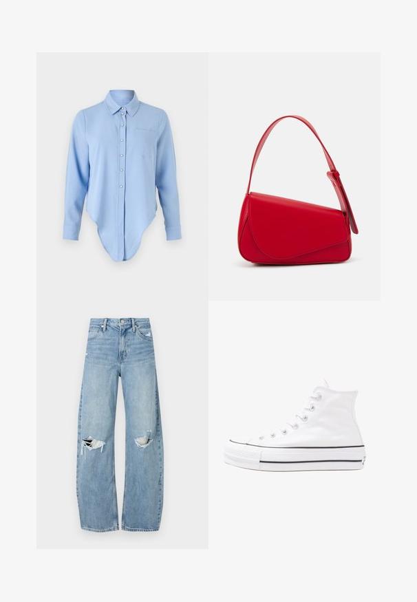 Hele sinine pika varrukaga särk, millel on ümar alumine äär, nööbid ees, krae ja vasakul rinnatasku. Pehme tekstuur, millel on kerge läige.; Heledad hallideega sinised teksad, millel on kõrge talje. Teksade jalgadel on lai alus, kaks rebitud kohta põlvede ümber ning klassikaline viie tasku stiil.; Valge kõrgem kangast tenniseking, millel on must kummist tald, ees kummist varvasetugi ja kuus aukku paelte jaoks, pakkudes puhta ja minimalistliku disaini.; Punane nahast käekott, millel on nurkadega geomeetriline disain. Omab ühte reguleeritavat rihma ja klappidega sulgemist, millel on õmblustega kaunistused.