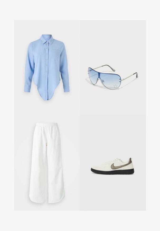 Világoskék, hosszú ujjú ing, lekerekített alsó résszel, gombos elülső részel, galléros nyakkal és bal oldali mellzsebből áll. Puha tapintású, enyhén fényes felülettel.; Fehér, bő szárú sportnadrág ribbelt derékpánttal és diszkrét logórésszel. Simá szövet, laza szabással és taperált szárral.; Nike Sportswear FIELD GENERAL - Sportcipő - off-white/black; Pilóta napszemüveg, melynek áttetsző kék lencséje, ezüst fém kerete és díszes csillag díszítések találhatók a lencsén. Simogató és elegáns dizájn.
