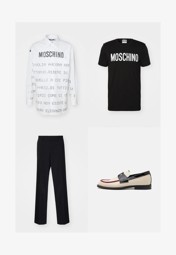 Bílá košile s dlouhým rukávem a špičatým límcem, na přední a zadní straně s černým textem a grafickými vzory. Zapínání na knoflíky.; Černé bavlněné tričko s výrazným bílým nápisem "MOSCHINO" přes přední stranu; kulatý výstřih a krátké rukávy. Jednoduchý design, klasický střih.; Černé kalhoty na míru s širokým střihem, s hladkou texturou a ostrými záhyby, vyrobené z tkané látky.; Béžové mokasíny s embosovaným vzorem, červeným akcentním pruhem a lesklým černým podpatkem. Součástí je pásek s detailem sponky. Plná černá podrážka.