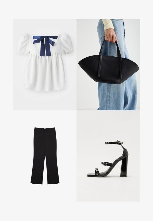 Bijela bluzica s puf rukavima, delikatnog teksturiranog materijala, kvadratnog izreza i tamnoplave satenaste vrpce vezane straga.; Crne hlače ravnog kroja, s prednjim džepovima i bočnim prorezima na rubu. Izrađene od mekog i glatkog materijala. Pogodne za razne prigode.; Crne lakirane sandale na pete sa kvadratnim nosom, trakama oko gležnja i srebrnim kopčama. Imaju čvrst blok petu za stabilnost.; Crna kožna torba jedinstvenog oblika ventilatora, s ravnim ručkama. Površina ima teksturu sličnu šljunku i minimalistički dizajn.