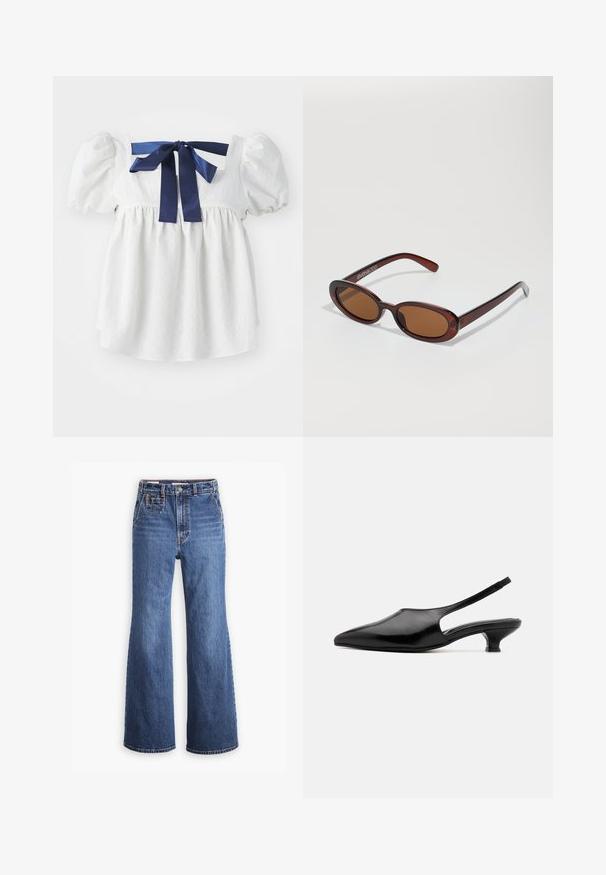 White blouse with puff sleeves, delicate textured fabric, square neckline, and a dark blue satin ribbon tied at the back.; High-waisted blue denim jeans with a wide-leg design, featuring a front pocket, brass button closure, and contrast stitching.; Black leather slingback heels with a pointed toe, open sides, and a short, flared heel. Smooth texture and minimalist design.; Round, brown-tinted sunglasses with a glossy burgundy frame. Slim arms with subtle branding detail. Flat lens design.