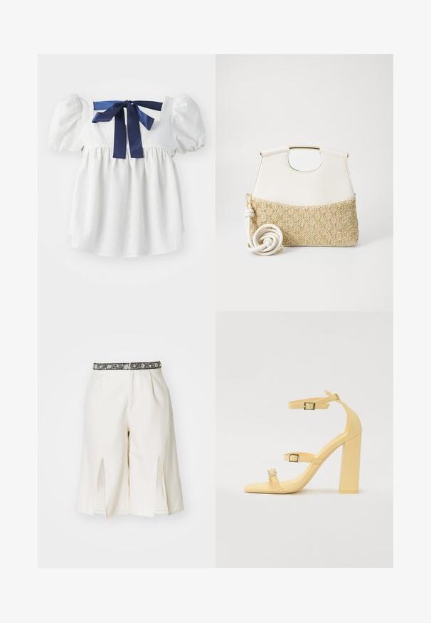 Blusa bianca con maniche a sbuffo, tessuto delicato e texture, scollatura quadrata e un nastro di seta blu scuro legato sul retro.; Shorts bianchi su misura con un cinturino nera decorato, aperture laterali e un tessuto morbido e testurizzato per un comfort aggiuntivo.; Sandali gialli con tacco blocco, dotati di tre cinturini regolabili, design a punta quadrata, materiale sintetico liscio e fibbie in tonalità argento.; Borsa a tracolla bianca in pelle con fondo in tessuto intrecciato crema dalla texture. Presenta un manico dorato e una tracolla bianca avvolta per maggiore versatilità.