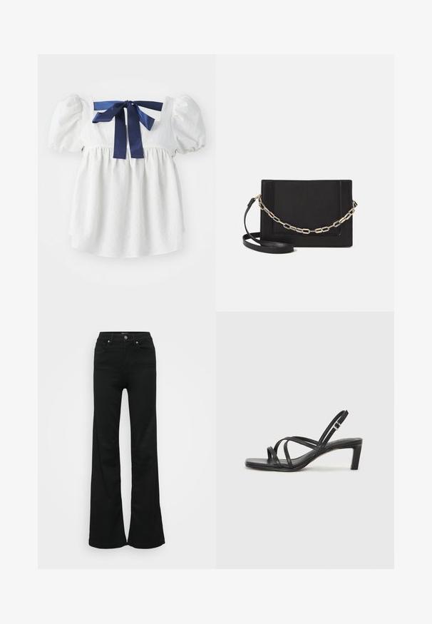 White blouse with puff sleeves, delicate textured fabric, square neckline, and a dark blue satin ribbon tied at the back.; Black flared jeans made from denim, featuring a high waist, five pockets, and metal button closure. Smooth texture with minimal detailing.; Black strappy sandal with a square toe and a low block heel. Features multiple thin straps and an adjustable ankle strap. Made of smooth leather.; Black leather crossbody bag featuring a smooth texture, rectangular shape, and a metallic chain detail on the front. Adjustable strap included.