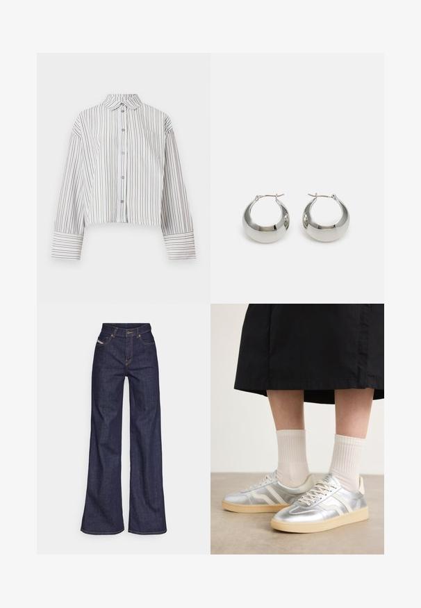 Long-sleeve cropped shirt with brown and white vertical stripes, button-down front, collar, and chest pocket.; Dark blue wide-leg jeans in denim fabric with a high waist, featuring orange stitching, five-pocket design, and a button closure.; Silver synthetic sneakers with white stripes, cream sole, and textured surface; paired with light ribbed socks and a black skirt.; Silver metal hoop earrings with a smooth, shiny surface and a structured, rounded design. Features a hinged clasp for secure wear.