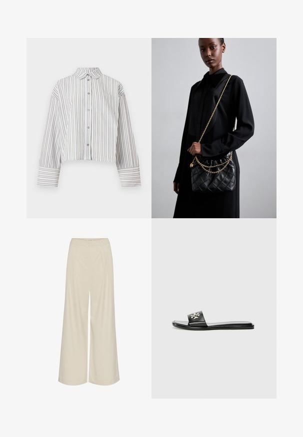 Långärmad kortärmad skjorta med bruna och vita vertikala ränder, knäppning fram, krage och bröstficka.; Vida byxorna i en ljus beige tyg, med veck, hög midja och en slät struktur utan synliga dekorationer.; Svart platt slidesandal gjord av syntetiskt material, med ett brett rem med en metallisk logotypdetalj och en slät, glänsande yta.; Svart vadderad läderhandväska med en samlad topp, guldkedjeslinga och rektangulär form, hålls mot en enkel bakgrund.
