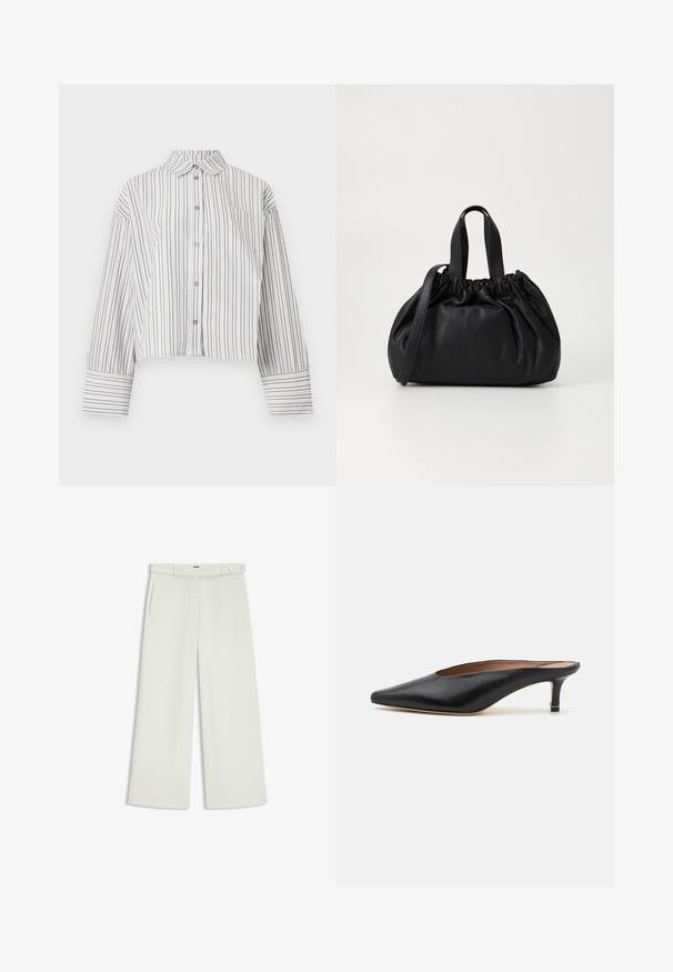 Long-sleeve cropped shirt with brown and white vertical stripes, button-down front, collar, and chest pocket.; Wide-leg pants in light cream fabric, featuring side pockets, a flat front, and a single button closure at the waist. Smooth texture.; Black leather mules with a pointed toe and low, block heel. Smooth texture with a sleek design. Open back with minimal detailing.; Black leather handbag with a gathered top design, featuring two short handles and a long adjustable strap. Smooth texture, rounded shape.