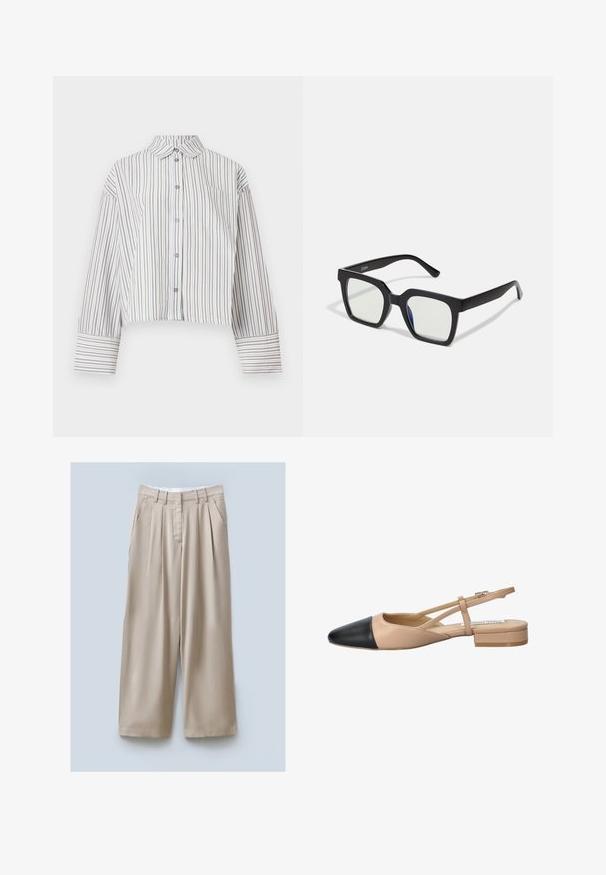 Long-sleeve cropped shirt with brown and white vertical stripes, button-down front, collar, and chest pocket.; Beige wide-leg trousers with a textured finish, featuring two side pockets, front pleats, and a waistband for secure fit.; Beige and black two-tone slingback shoe with a pointed toe, flat heel, and crisscross strap detail. Smooth leather texture.; Black square sunglasses with a matte finish, featuring transparent lenses and a slight blue tint on one side. Robust, angular design.