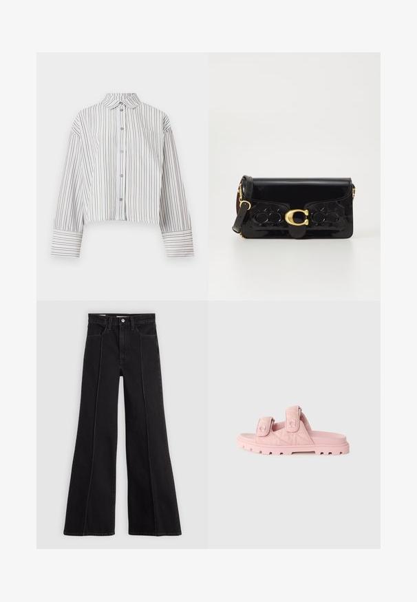 Long-sleeve cropped shirt with brown and white vertical stripes, button-down front, collar, and chest pocket.; Black high-waist wide-leg jeans with front seam detailing, button closure, belt loops, and front pockets on a plain light background.; Pink slide sandals featuring dual adjustable Velcro straps, textured fabric upper, and a rugged, thick sole with deep treads.; Black patent leather handbag with gold hardware, including a clasp. Features a textured design and detachable strap. Compact rectangular shape.