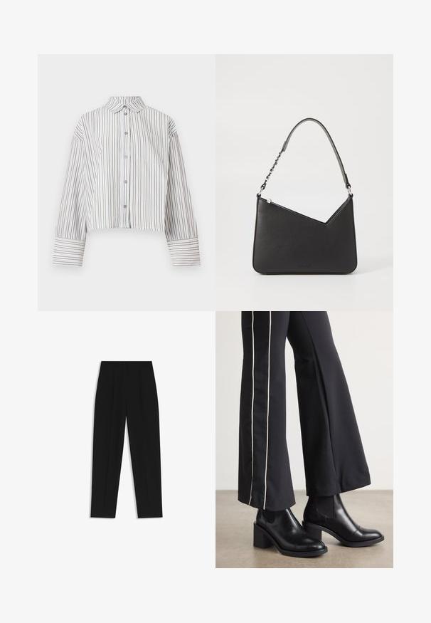 Long-sleeve cropped shirt with brown and white vertical stripes, button-down front, collar, and chest pocket.; Black trousers with a straight fit, featuring double pleats, a smooth texture, and a classic waistband design. No visible hardware or accents.; Black leather ankle boots with a block heel, featuring elastic side panels. Paired with black pants that have a white side stripe.; Black leather handbag with a triangular shape, a slim strap, and silver hardware. Features a zip closure and embossed logo on the front.