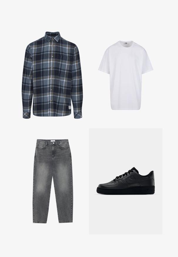 Flanellipaita tummansinisen, sinisen ja harmaan ruutukuosisena. Siinä on napitus edessä, pitkät hihat ja kaksi rinta-taskua. Pehmeä rakenne ja rento istuvuus.; Valkoinen puuvillainen t-paita, jossa on lyhyet hihat, pyöreä kaula-aukko, rento istuvuus ja ei näkyviä logoja tai kuvioita. Sileä pinta ja minimaalinen muotoilu.; Korkeavyötäröiset, väljät farkut haalistuneesta mustasta denimestä. Ominaisuuksiin kuuluu viisi taskua, vyölenkit ja siisti, suora lahjetyyli.; Musta Nike Air Force 1 -lenkkari, jossa on sileä nahkapinta, rei'itetty varvasosa hengittävyyden parantamiseksi, mustat nauhat ja teksturoitu kumipohja.