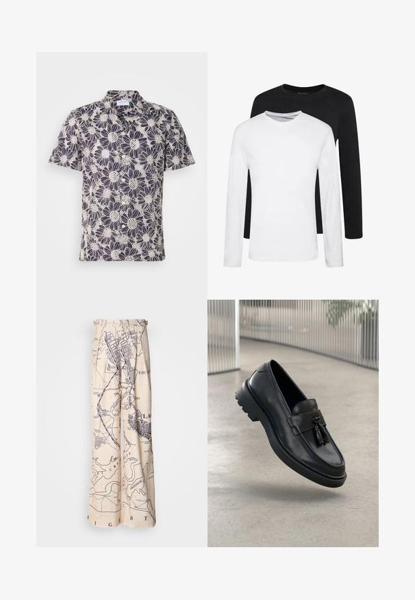 Mėlynos spalvos marškiniai trumpomis rankovėmis su baltais gėlių raštais, su atsipalaidavusiu apykakle ir mygtukų uždarymu. Pagaminta iš lengvos medžiagos.; Du švarkai su ilgomis rankovėmis, vienas juodas ir vienas baltas, pagaminti iš medvilnės, su apvaliais iškirpimais ir lygiu paviršiumi, išdėstyti sluoksniuotai.; Plati kojinės, kurių dizainas remiasi žemėlapių raštu tamsiai mėlynos spalvos ant smėlio fono, su gurnų detalėmis juosmens srityje ir laisvu siluetu.; Juodi odiniai bateliai be užsegimo su lygiu paviršiumi, dekoratyvine kutu, stora guminė pado danga ir siūtais akcentais. Lengvi ir elegantiško dizaino.