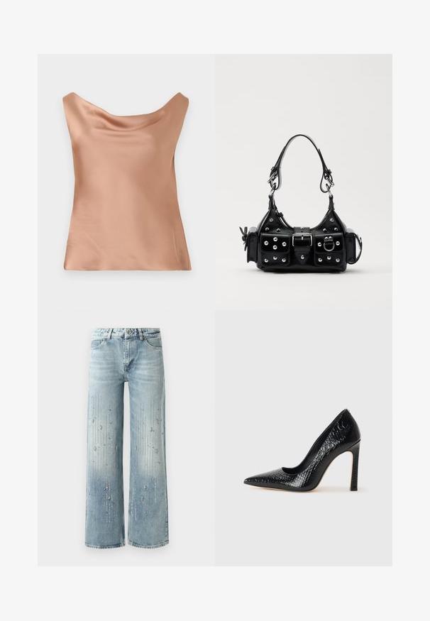 Satin kamizola u svijetlo breskvastoj boji, s opuštenim krojem i izrezom u obliku staze, glatke teksture, idealna za slojevito nošenje ili samostalno.; Bijela bodysuit dugih rukava s dubokim dekolteom i kopčanjem na preponama, prikazana na običnoj bijeloj pozadini.; Svijetloplave široke traperice od denima, s gradijentnim efektom boje i ukrasima od srebrnih rhinestona u vertikalnom uzorku.; Crne visoke potpetice s oštrim prstima, od teksture krokodilske kože, elegantnog dizajna, visoke stiletto potpetice i glatkog crnog unutrašnjosti.; Crna kožna torba s zakrivljenim dizajnom, koja sadrži srebrne zakovice, kopču i dva bočna džepa. Podesiva traka za različite opcije nošenja.