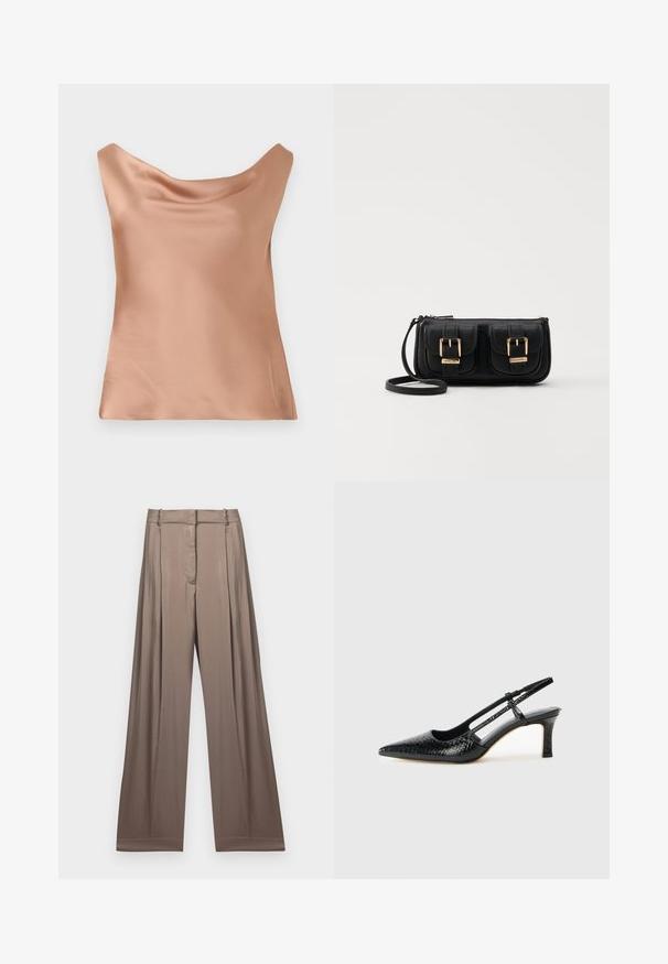 Satin camisole in light peach, featuring a relaxed fit with a scoop neckline and smooth texture, ideal for layering or standalone wear.; Wide-leg trousers in a muted taupe color, made of smooth fabric with a satin finish. Features a tailored waistband and subtle pleats.; Black patent slingback heel with a pointed toe, featuring textured snake print, adjustable strap, and a short, textured block heel.; Black leather crossbody bag with two front pockets, gold buckles, zipper closure, and a slim strap. Textured surface and compact rectangular shape.
