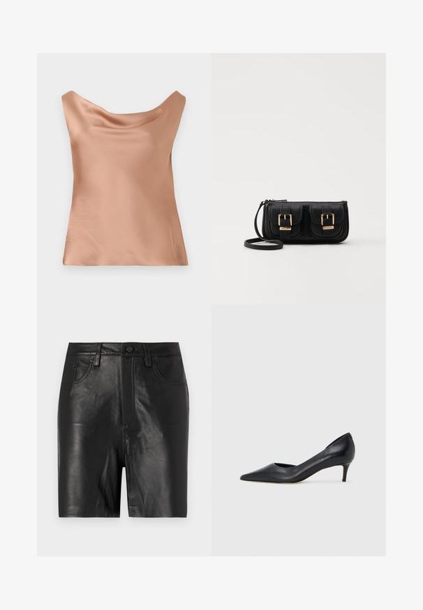 Satin kamizola u svijetlo breskvastoj boji, s opuštenim krojem i izrezom u obliku staze, glatke teksture, idealna za slojevito nošenje ili samostalno.; Crne kožne hlače kratkog kroja s glatkom teksturom, s prednjim zatvaračem, kopčanjem na gumb i klasičnim dizajnom s pet džepova.; Crna kožna cipela s vrhom u špic i niskom petom. Ima glatku teksturu i suptilan sjaj. Prednji dio je otvoren za dodatni detalj.; Crna kožna torba preko ramena s dva prednja džepa, zlatnim kopčama, zatvaranjem na zip i uskim remenom. Teksturirana površina i kompaktan pravokutan oblik.