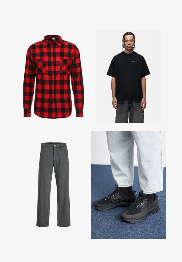 Rode en zwarte geruite flanellen shirt met knoopsluiting aan de voorkant, lange mouwen en twee borstzakken. Textuurstof met een vierkant patroon.; Zwarte katoen T-shirt met een losse pasvorm, ronde halslijn en korte mouwen. Bevat witte tekst "GOODFOR NOTHING" op de borst.; Donkergrijze wijde jeans gemaakt van denim. Bevat een sluiting met drukknop en rits aan de voorkant, riemlussen en een klassieke vijf-pocket ontwerp.; Zwarte sportschoenen met gestructureerde stof en rubberen zolen, met elastische veters en een blauwe accent op de hiel. Draag samen met lichte spijkerbroeken.