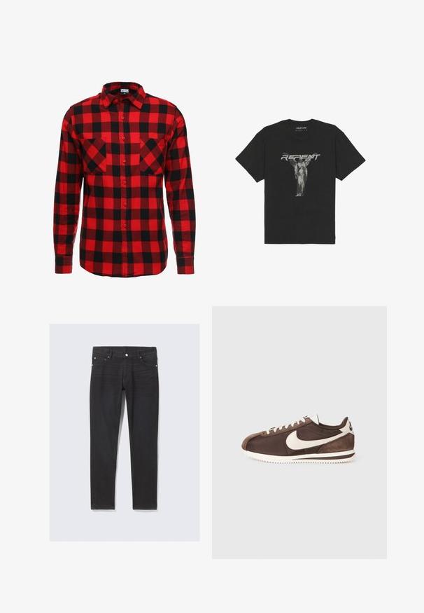 Chemise en flanelle écossaise rouge et noire avec un devant à boutons, des manches longues et deux poches poitrine. Tissu texturé avec un motif à carreaux.; T-shirt en coton noir à manches courtes, avec un graphique frontal d'une statue et le mot "REPENTIR" en lettres grises en gras.; Jeans en denim noir à coupe slim, avec poches avant, braguette à boutons et détails de couture subtils le long des coutures latérales.; Baskets brunes en mélange de daim et de toile, avec un logo Swoosh blanc de Nike et une semelle extérieure en caoutchouc texturé.