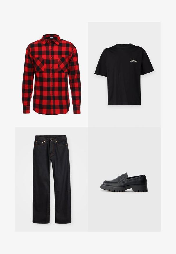 Rød og sort ternet flannel skjorte med knaplukning foran, lange ærmer og to brystlommer. Struktureret stof med ternet mønster.; Sort bomulds T-shirt med korte ærmer, rund hals og print i hvid og guld tekst på venstre bryst, med en afslappet pasform.; Mænds lige ben sorte denim jeans med fem lommer og orange syninger, knap- og lynlåslukning foran på taljen.; Sorte læder loafers med en rund tå, prydet med en dekorativ rem og en kraftig gummisål med dybe riller for grip.