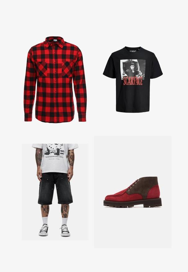 Rot-schwarz kariertes Flanellhemd mit Knopfleiste, langen Ärmeln und zwei Brusttaschen. Strukturierter Stoff mit kariertem Muster.; Schwarzes Baumwoll-T-Shirt mit einem auffälligen weißen Grafik eines Mannes auf einem Stuhl. Das Wort "SCARFACE" ist in fettem Rot unter dem Bild gedruckt.; Good For Nothing WIDE LEG SHORTS - Jeans Shorts - black; Rote und braune Wildleder-Ankle Boots mit runder Zehenform, Metallösen und einer profilierten schwarzen Gummisohle. Mit kontrastierenden Oberteil-Paneelen.