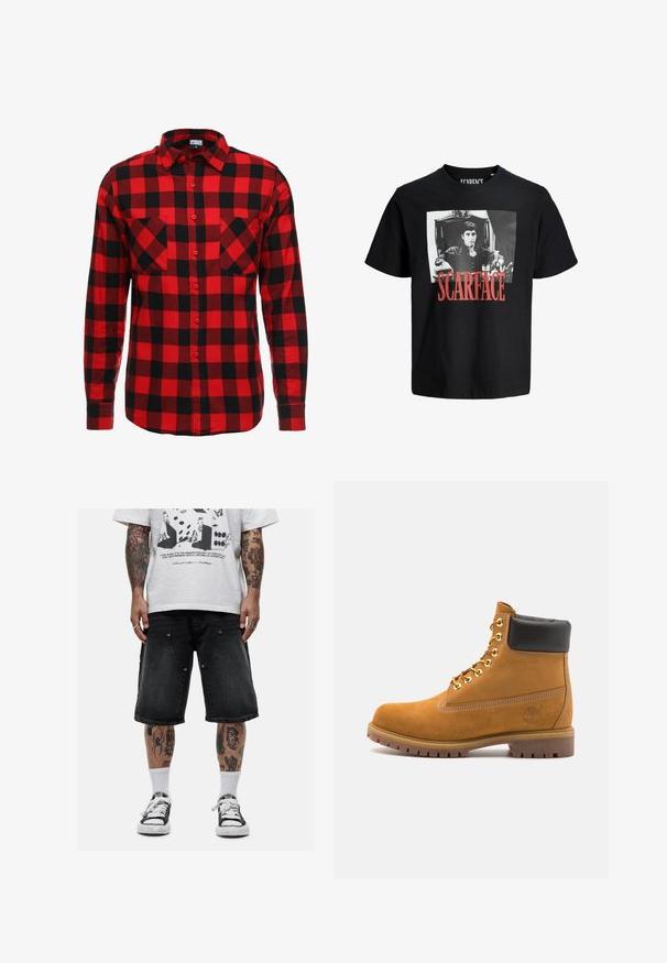 Rode en zwarte geruite flanellen shirt met knoopsluiting aan de voorkant, lange mouwen en twee borstzakken. Textuurstof met een vierkant patroon.; Zwarte katoenen t-shirt met een opvallende witte afbeelding van een man in een stoel. Het woord "SCARFACE" is in vet rood onder het beeld gedrukt.; Good For Nothing WIDE LEG SHORTS - Jeansshort - black; Tan suède enkelboot met zwart gevoerd kraagje, gouden metalen oogjes, witte stikdetails en een robuuste rubberen zool met uitgesproken profiel.