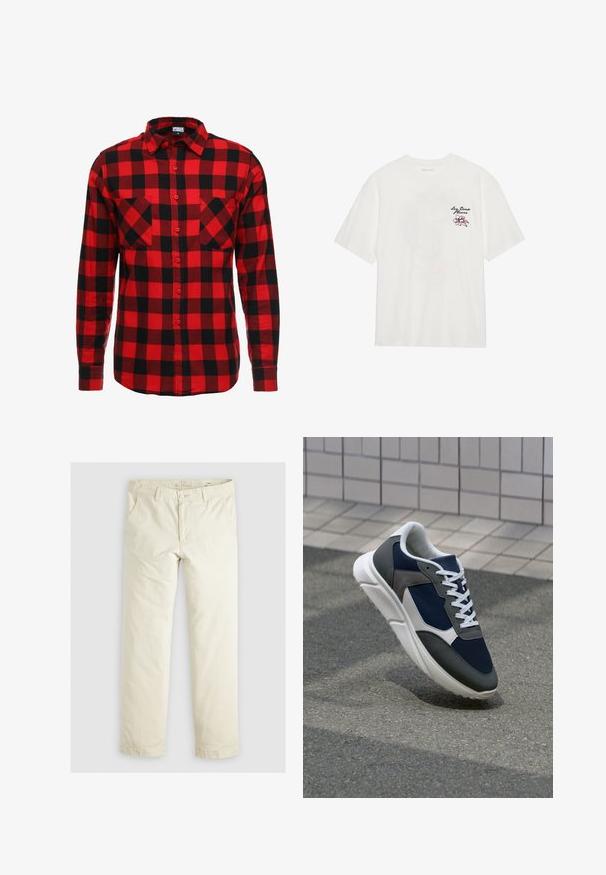 Rot-schwarz kariertes Flanellhemd mit Knopfleiste, langen Ärmeln und zwei Brusttaschen. Strukturierter Stoff mit kariertem Muster.; Weißes Baumwoll-T-Shirt mit kurzen Ärmeln und Rundhalsausschnitt, mit gesticktem floralen Design in Pink und Schwarz auf der linken Brust.; Helle beigefarbene, lässig geschnittene Hose mit drei Taschen, Gürtelschlaufen und geradem Bein. Hergestellt aus einem weichen Baumwoll-Mix.; Sneaker mit einem Obermaterial aus navyblauem Mesh, grauen Wildlederelementen, einer weißen Gummisohle und flachen weißen Schnürsenkeln, entworfen für Komfort und Atmungsaktivität.