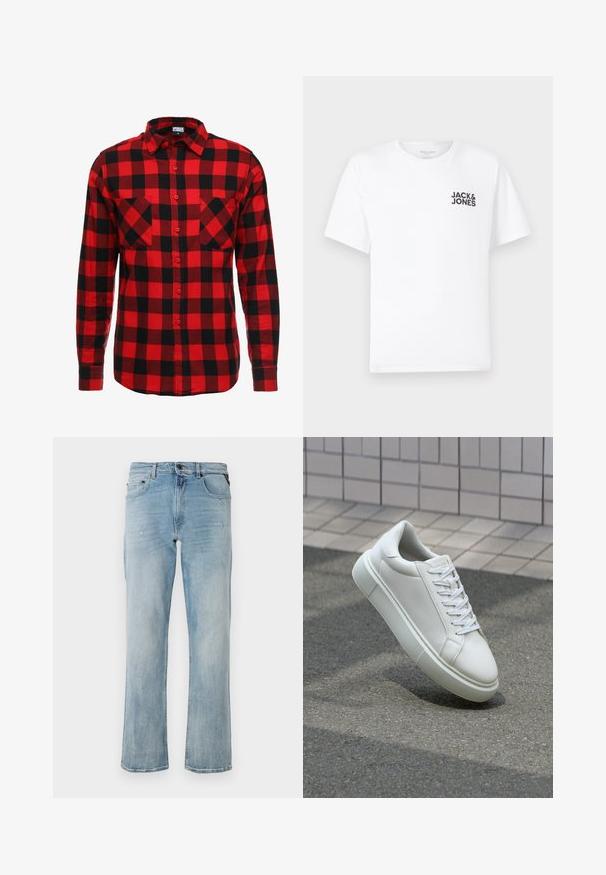 Rød og sort ternet flannel skjorte med knaplukning foran, lange ærmer og to brystlommer. Struktureret stof med ternet mønster.; Hvid bomulds t-shirt, korte ærmer, rund hals. Har et sort tekstlogo "JACK & JONES" på venstre brystområde. Enkelt, ensartet design.; Lyseblå denim jeans med en afslappet pasform, der har subtile slidte detaljer og et klassisk fem-lomme-design.; Hvide lædersneakers med en glat overflade, rund tå og flade hvide snørebånd. Har en tekstureret gummisål og minimalt design.