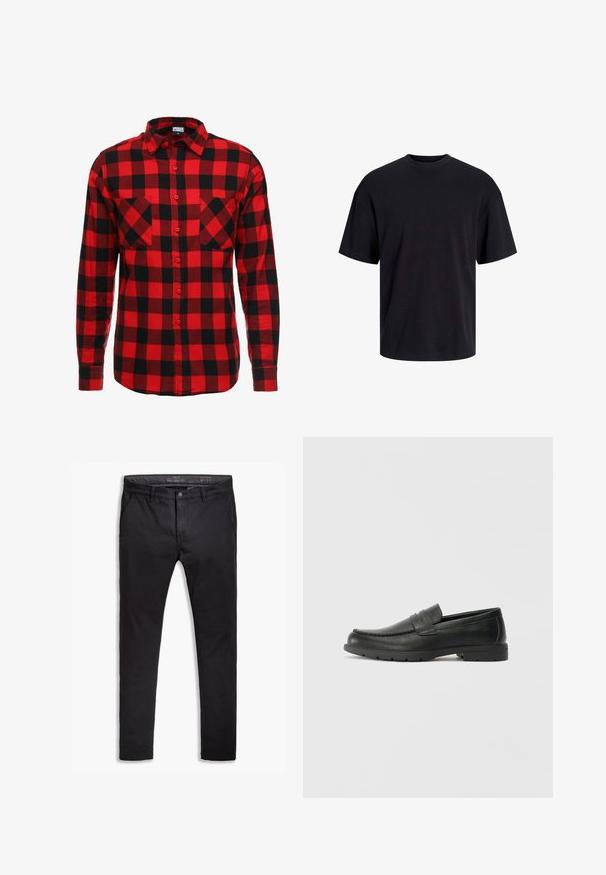 Punane ja must ruuduline flanelsärk nupuga ees, pikkade varrukatega ja kahe rindkere taskuga. Tekstuurne kangas ruudulise mustriga.; Must must on mustre, lühikeste varrukatega ja vabalt langev. Sile tekstuur ja ilma nähtavate mustrite või aktsentideta.; Mustad puuvillased chinos, mis on kitseneva lõikega, viie taskuga, vöökohaga ja siledast tekstuurist. Zipperiga lukk ja nupuga kinnitamine.; Musthave nahkkingad siledast nahast, mokassiini stiilis ülevalt, tikanditega ja kummist tallaga. Klassikaline disain madala kontsaga.