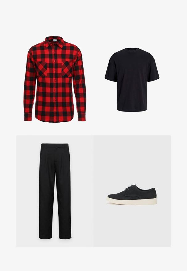 Rot-schwarz kariertes Flanellhemd mit Knopfleiste, langen Ärmeln und zwei Brusttaschen. Strukturierter Stoff mit kariertem Muster.; Schwarzes Baumwoll-T-Shirt mit Rundhalsausschnitt, kurzen Ärmeln und lässiger Passform. Glatte Oberflächenstruktur und keine sichtbaren Muster oder Akzente.; Schwarze Hose aus glattem Stoff, mit geradem Bein Design, zwei vorderen Falten und einem Standardbund mit Gürtelschlaufen.; Schwarzes Wildleder-Schnürschuh mit runder Spitze, leichtem cremfarbenem Sohlen und dezenten blauen Stickakzenten auf dem Obermaterial.