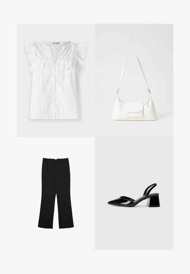 Blouse blanche avec des manches volantées, un devant à boutons et des motifs floraux brodés avec de petites découpes dans tout le tissu.; Pantalon noir avec une coupe droite, doté de poches avant et d'éclairs sur l'ourlet. Fabriqué en tissu doux et lisse. Convient à diverses occasions.; Escarpins en cuir verni noir avec bout pointu et talon bloc géométrique. Présente un design élégant et minimaliste ainsi qu'une texture lisse.; Sac à main synthétique blanc en forme triangulaire, avec un rabat avant plat et un détail en nœud, une bandoulière ajustable, une texture lisse et un design minimaliste.