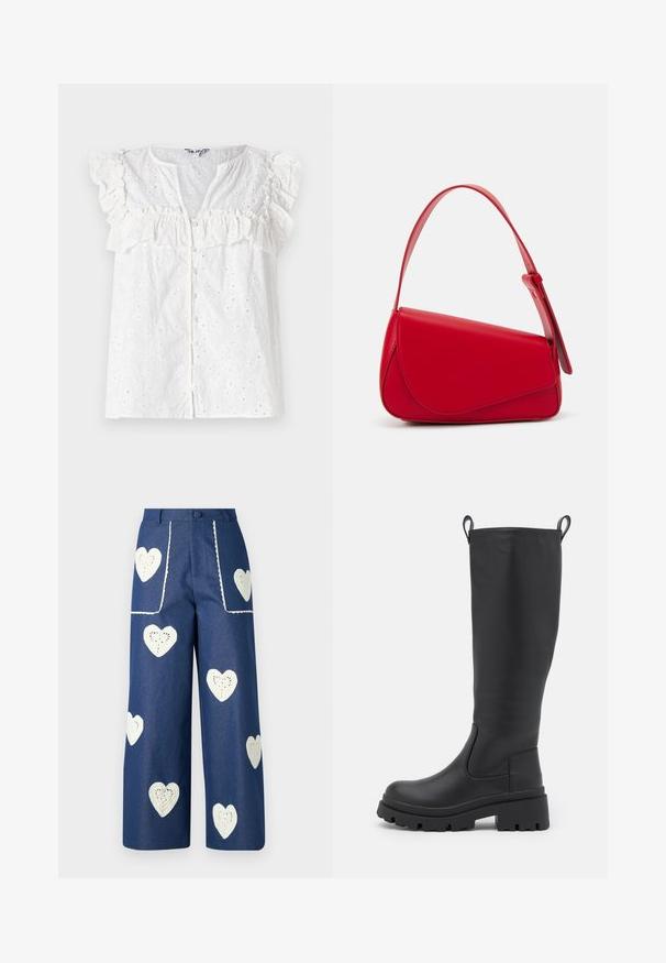 Weiße Bluse mit Rüschensäumen, einer Knopfleiste und eingestickten Blumenmustern mit kleinen Ausschnitten im gesamten Stoff.; Sister Jane HEART TO HEART - Jeans Straight Leg - blue denim; Schwarze kniehohe Stiefel aus glattem Leder mit einer dicken Sohle und leichtem Absatz. Verfügt über Ziehschlaufen und elastische Seitenpanels für ein einfaches Anziehen.; Rote Lederhandtasche mit einem kantigen, geometrischen Design. Verfügt über einen verstellbaren Schulterriemen und einen Klappenverschluss mit genähten Details.
