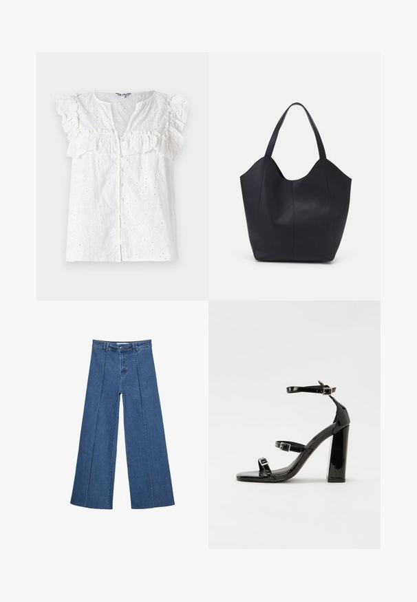 White blouse featuring ruffled sleeves, a button front, and embroidered floral patterns with small cutouts throughout the fabric.; Wide-leg denim jeans in medium blue, featuring a high waist, button closure, and contrasting vertical seam details along the front.; Black patent heeled sandals with a square toe, ankle straps, and silver buckles. Features a chunky block heel for stability.; Black tote bag made of smooth leather, featuring a curved, open top with two shoulder straps and a minimalist design.