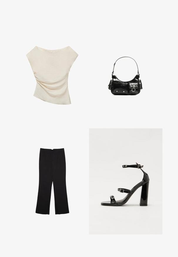 Cream-colored top with a textured, ribbed surface, featuring an asymmetric design and wide, draped shoulders.; Black trousers with a straight fit, featuring front pockets and side slits at the hem. Made of soft, smooth fabric. Suitable for various occasions.; Black patent heeled sandals with a square toe, ankle straps, and silver buckles. Features a chunky block heel for stability.; Black patent leather handbag with a curved shape, one shoulder strap, front pockets, and silver-tone hardware accents.