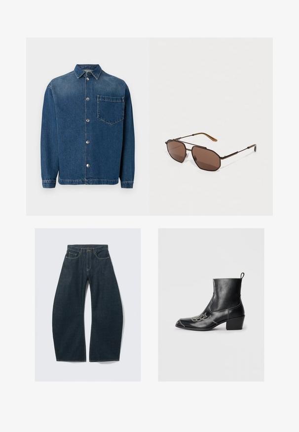 Tume sinine teksasärk, millel on nööbist avanev esiosa, krae ja üks rinnaehe. Sile tekstuur ja klassikaline lõige. Hõbedased nööbid kui riistvara.; Tumesinised laia säärega teksad, tehtud denimist, viie tasku, nähtavate õmbluste, nööpkinnituse ja puhta viimistlusega.; Mustad mustad mustad mustad, dekoratiivsete õmbluste ja madala plokkninaga. Esitleb tõmbluku jaoks, et seda oleks lihtne panna.; Pruunid oktaalsed prillid, õhukese musta metallraami ja pruuni templetega. Tumedad läätsed pakuvad UV-kaitset.; Pruun krokodillimustriga nahk käekott, millel on ülemised käepidemed ja eemaldatav õlavarrepant. Omab klambri sulgemist ja ristkülikukujulist vormi.