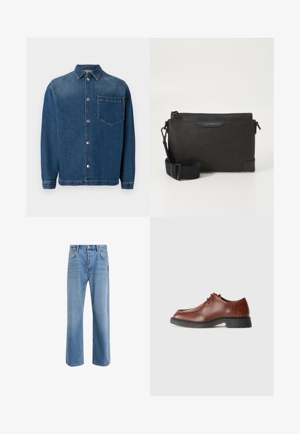 Dark blue denim shirt with a button-up front, collar, and a single chest pocket. Smooth texture and classic fit. Silver buttons as hardware.; Light blue denim jeans with a straight-leg design, five pockets, button closure, minimal fading, and contrasting stitching details.; Brown leather dress shoe with a rounded toe, contrasting stitching, lace-up design, and a textured black rubber sole.; Black leather crossbody bag with a textured finish, featuring a zip closure and adjustable strap. Logo patch on the front. Rectangular shape.