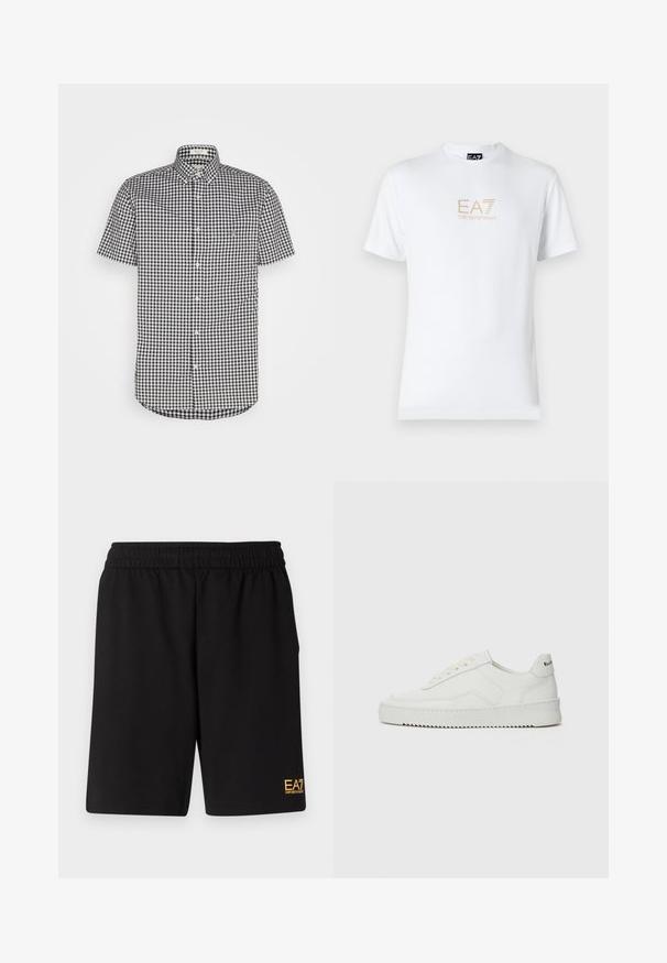 Cămașă cu mâneci scurte, cu nasturi, din material din bumbac, în carouri alb-negru, cu guler punctat și detaliu cu buzunar pe piept.; Tricou alb din bumbac, cu guler rotund și mâneci scurte, având un logo auriu EA7 Emporio Armani imprimat pe față.; Shorts atletici negri dintr-un material moale, având o talie elastică și un mic logo galben EA7 pe partea inferioară a piciorului stâng.; Sneakers din piele albă cu un finisaj neted, vârf rotund, șireturi plate și o talpă texturată. Prezintă un logo subtil pe călcâi.