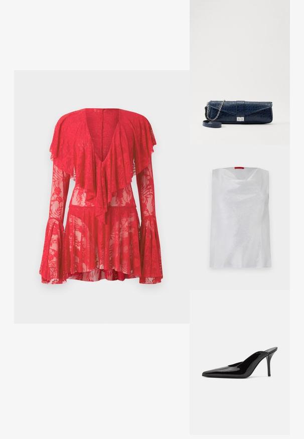 Balts bezpiedurkņu tops ar smalku spīdumu, kvadrātveida kakla izgriezumu un brīvu piegriezumu. Izgatavots no gludas auduma ar minimālistisku dizainu.; Sarkans mežģīņu kleita ar gariem izfrēzētiem piedurknēm, dziļu V-veida kakla izgriezumu, slāņotām volāniem un ziedu rakstiem. Caurlaižamā tekstūra uzsver tās dizainu.; Melnas patentētas ādas augstpapēžu muļlas ar smailu purngalu un gludu siluetu, ar atvērtu aizmuguri un slaidu stiletto papēdi.; Tumsā zila ādas kluču soma ar krokodila struktūru, sudraba ķēdītes siksniņu un metalizētiem klipiem. Taisnstūra forma ar pārklājošu dizainu.