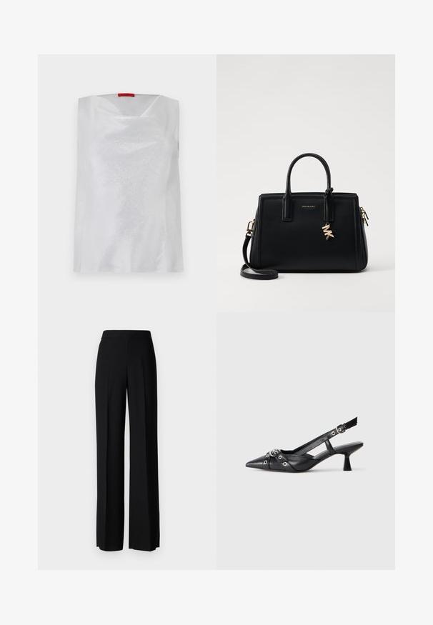 Balta be rankovių palaidinė, pasižyminti subtiliu blizgesiu, kvadratiniu iškirpimu ir laisvu siluetu. Pagaminta iš lygaus audinio su minimalistiniu dizainu.; Juodi platūs kelnių kelnės su lygiu paviršiumi, turinčios aukštą liemenį ir centrinės raukšlės. Nėra matomų raštų ar metalinių detalių.; Juodas odinis slingback tipo batai su smailiu priekiniu atvartu, dekoratyvinėmis sagtimis su metaliniais akyčiais ir žemu blokiniu kulnu. Saldus paviršius.; Juodas odinis rankinė su struktūrizuotu dizainu, dviem viršutinėmis rankenėlėmis, nuimamu petiniu dirželiu, auksiniais akcentais ir logotipo pakabuku.