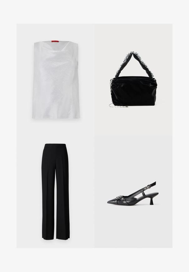 Fehér, ujjatlan felső, amely finom fényű, négyzet alakú nyakkivágással és laza szabással rendelkezik. Simaságával és minimalista tervezésével kiemelkedik.; Fekete, széles szárú nadrág sima tapintással, magas derékkal és középen pliszével. Nincsenek látható minták vagy fém részletek.; Fekete bőr slingback cipő hegyes orral, dekoratív pántokkal, fém szemekkel és alacsony blokk sarkú. Texturált felület.; Fekete műbőr kézitáska texturált felülettel, amelyen gyöngyökkel díszített ezüstszínű kiegészítő található a felső fogantyún, valamint láncos pánt.