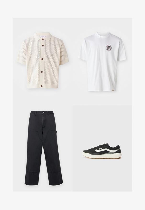 Cardigan crema a maniche corte con chiusura a bottoni, caratterizzato da motivi a maglia verticale e bottoni marroni su orlo e colletto a coste.; T-shirt bianca in cotone con un logo rotondo sul petto. Collo crew, maniche corte, vestibilità rilassata, con accenti rossi e neri.; Pantaloni black a gamba larga in tessuto denim con grandi tasche anteriori, taglio dritto e cuciture a contrasto. Presentano una chiusura con bottone metallico.; Sneaker neri con accenti bianchi, dotati di una tomaia in sintetico liscio, forma rotonda e suola in gomma, abbinati a pantaloni beige chiaro.