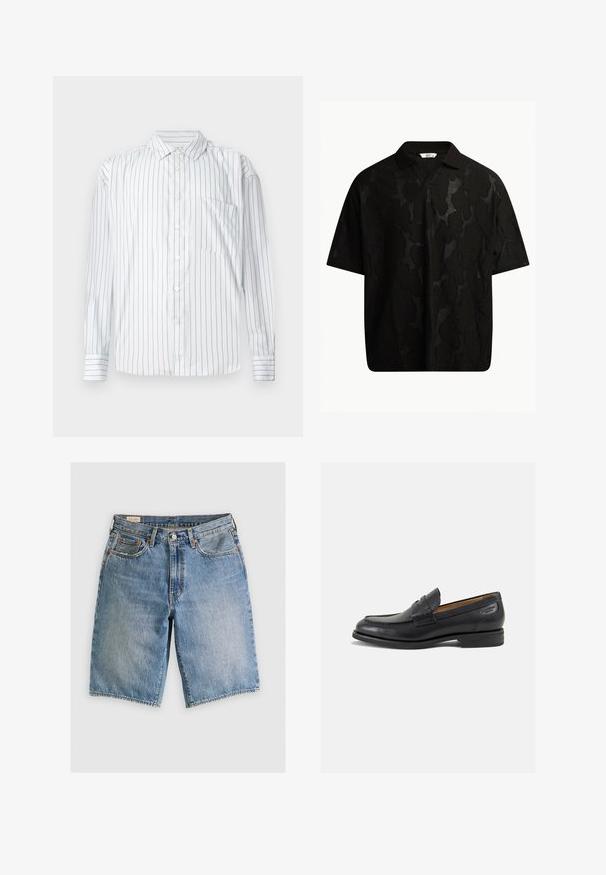 Chemise à manches longues avec boutons en blanc, dotée de fines rayures verticales rouges, texture douce, col pointu et une poche sur la poitrine gauche.; Polo noir à manches courtes avec un motif abstrait texturé. Le col est plat et légèrement ouvert, ce qui renforce le design décontracté.; Shorts en denim bleu clair avec une coupe classique. Comprend cinq poches, des coutures orange et des ourlets à bord brut.; Mocassins en cuir noir avec une finition lisse, bout rond et coutures décoratives sur la tige. Talon bas empilé et léger brillant.